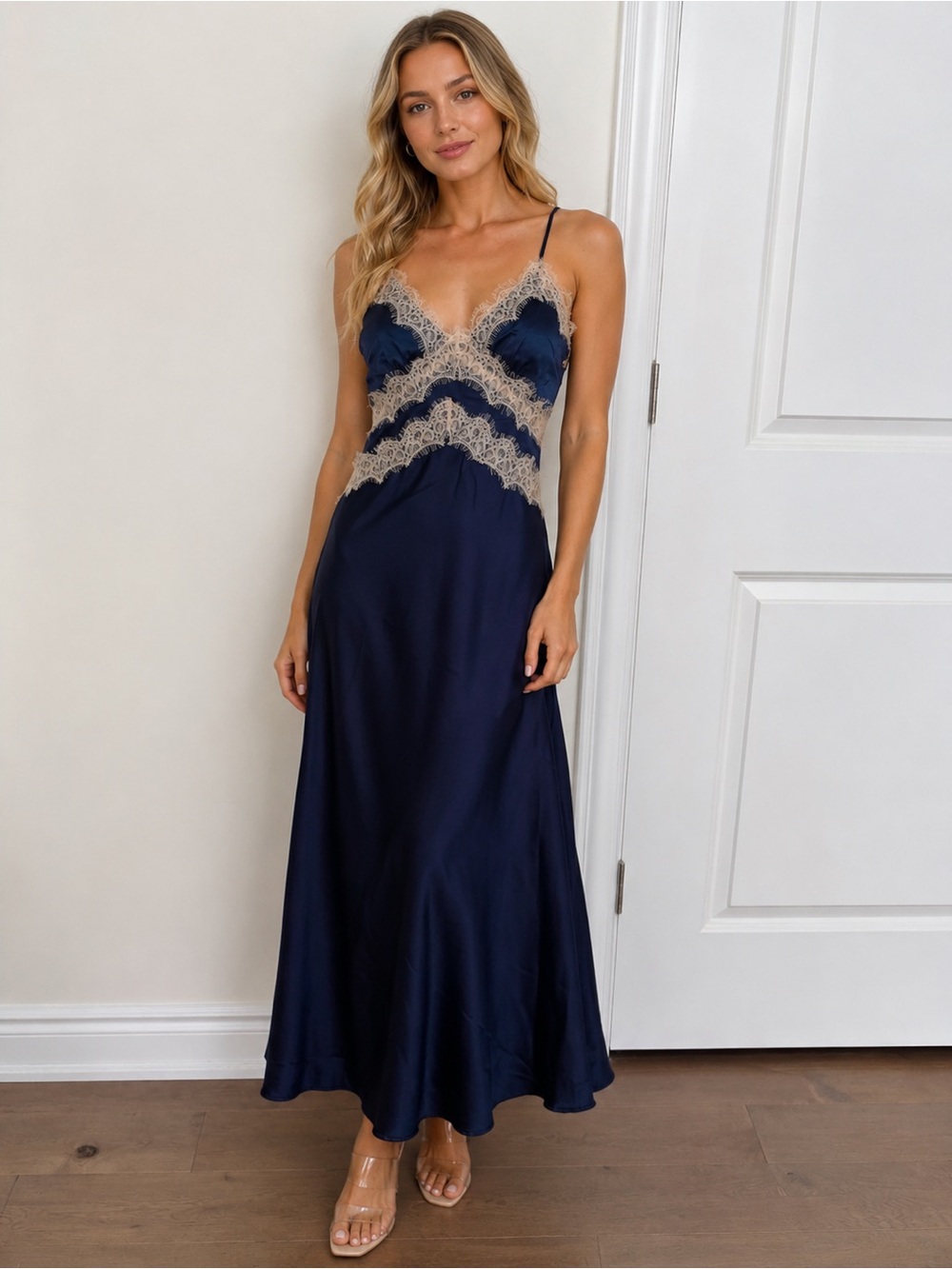 Thirty Thirty LA Navy Satin Lace Maxi Slip Dress – Size M – NWT